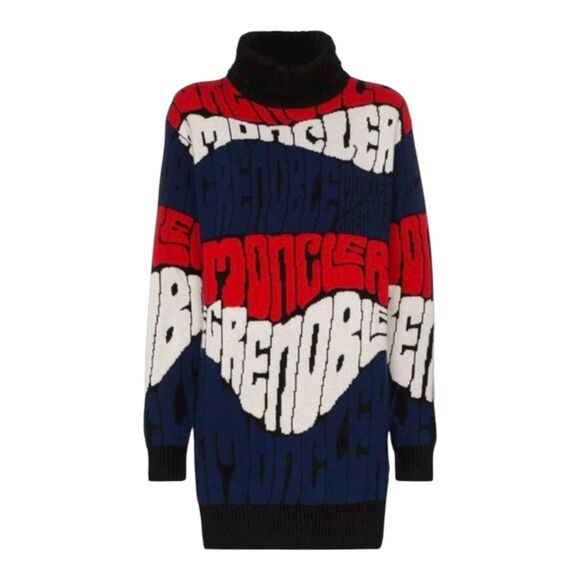 MONCLER Grenoble Wool Cashmere Sweater Womens L Red Blue White Logo Turtleneck - Picture 1 of 12